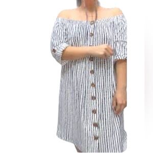 205 Off Shoulder Striped Button Down Summer Dress NWT Rolled Sleeve Dress